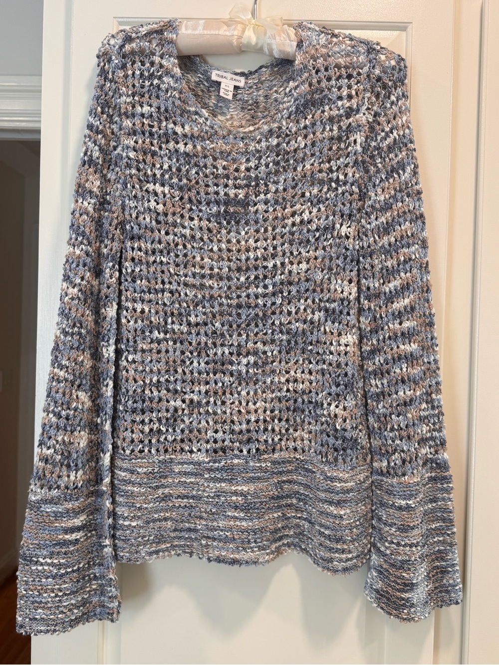 Cozy Open Knit Crewneck Sweater in Blue & Cream tribal jeans.